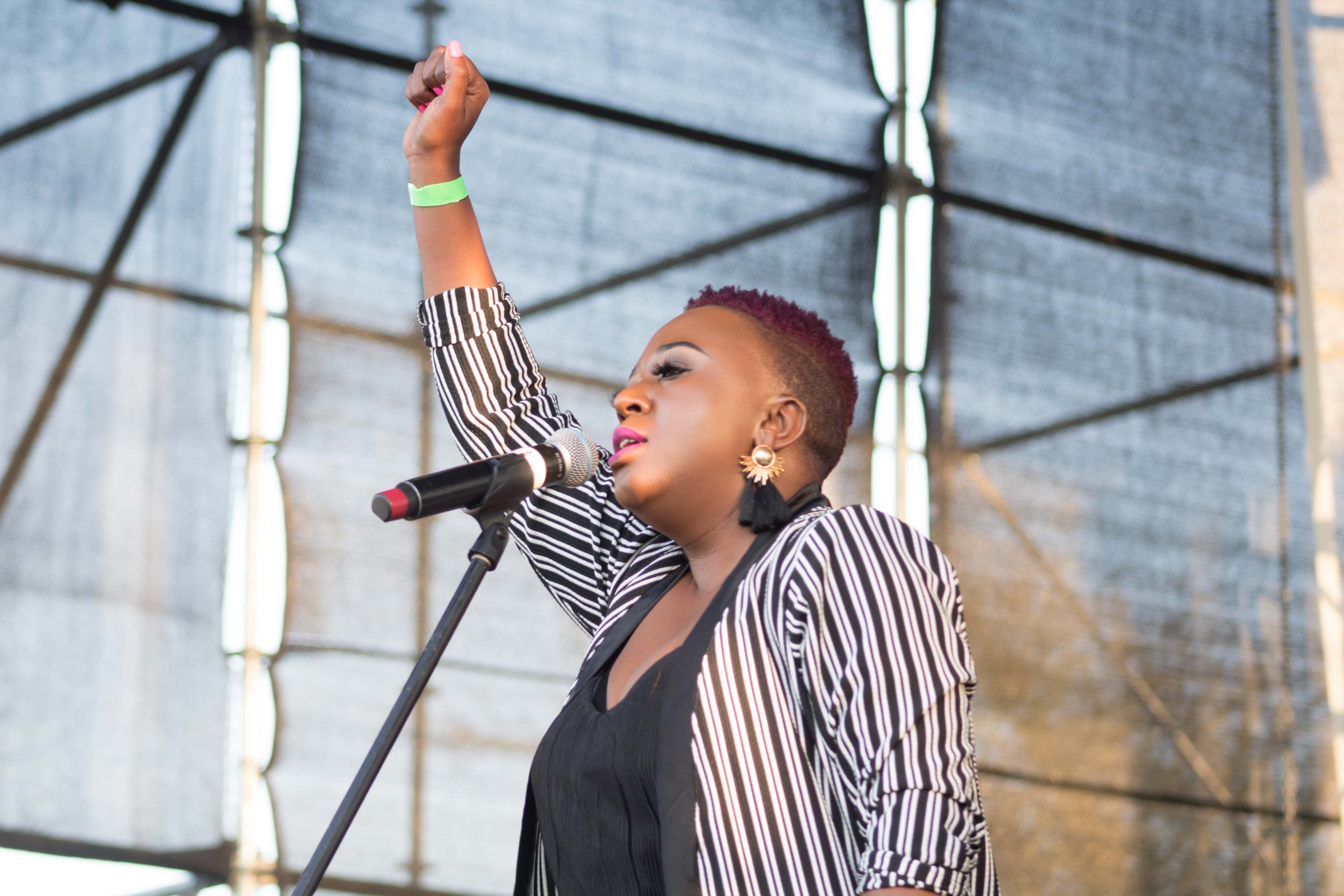 woman speaking on microphone